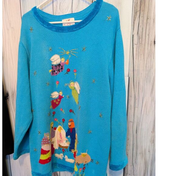 Quacker Factory Plus Size Knit Sweater Size 1X Nativity Scene Christmas Novelty - Picture 2 of 5